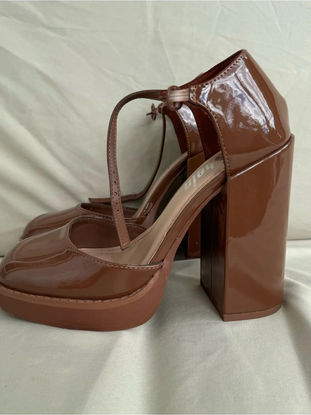 SheIn Women’s Brown Patent Platform Block Heel Pumps Ankle Strap Size 7.5